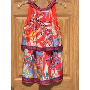 Flying Tomato Tropical Floral Halter Romper  Tiered Overlay Shorts Small Flaw